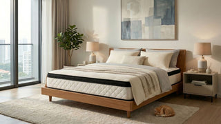 Mylatex latex mattress on a wooden bed frame in a bright Singapore bedroom with neutral bedding