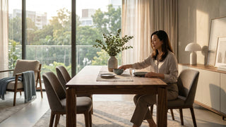 Natural wood dining table in a bright Singapore condo dining room with upholstered chairs and warm afternoon light.