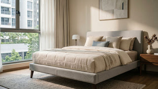 Neutral Singapore bedroom with a lightweight beige comforter on an upholstered bed beside large condo windows.