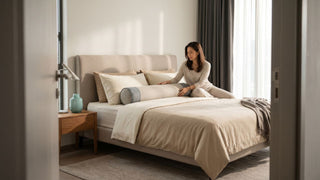 Neutral modern Singapore bedroom with upholstered bed, wooden nightstand, cream bedding, cylindrical bolster pillow, and soft natural light.