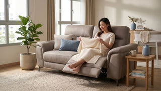 Expectant mother seated comfortably on a recliner sofa beside a nursery, highlighting family-friendly living room furniture.