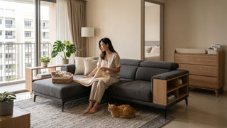 Woman folding baby blanket on a grey sofa in a Singapore flat with baby changing area nearby
