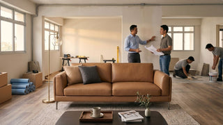 Homeowner reviewing renovation plans with contractor beside leather sofa and coffee table in a Singapore HDB living room