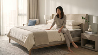 Woman sitting on a beige hybrid mattress in a bright Singapore bedroom with neutral bedding and soft natural light.