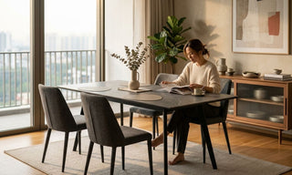 Woman reading at a Nova sintered stone dining table in a bright Singapore condo dining room.