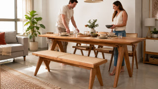 Oak dining room table set in a bright modern Singapore condo dining area prepared for everyday hosting