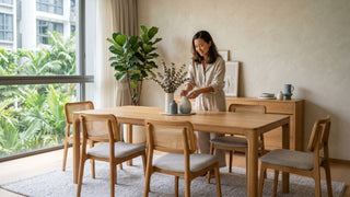 Oak dining table with cane dining chairs in a bright Singapore condo dining room with indoor plants and natural daylight.