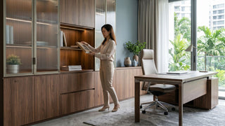 Woman organising books in a modern Singapore home office with wood office cabinets, fluted glass doors, and a study desk by the window.