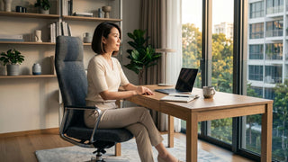 Woman sitting on a grey office chair in a Singapore home office, checking whether the chair is still comfortable for work.