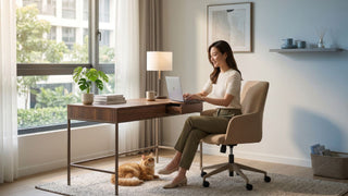 Woman working at a wooden home office desk with an upholstered chair in a bright Singapore apartment