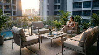 Ohmm-style outdoor lounge chairs and coffee table on a Singapore condo balcony with city views and plants.