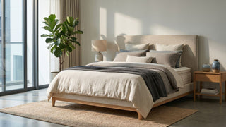 Modern Singapore bedroom with upholstered bed, layered bedding, bedside table, rug and large window for an online mattress buying guide.