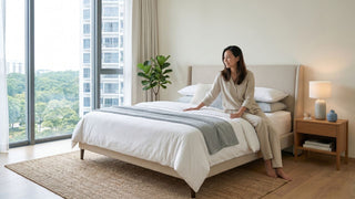 Woman sitting on a neatly made mattress in a bright Singapore condo bedroom with neutral bedding and wooden bedside table.