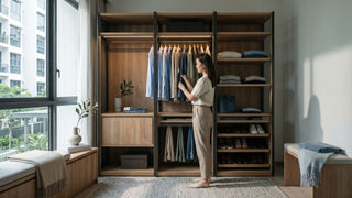 Woman organising clothes in an open wardrobe with wood shelves and black metal frame in a bright Singapore condo bedroom.