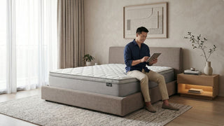 Man comparing mattress options online while sitting on a grey mattress in a Singapore bedroom