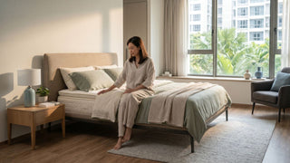 Woman testing an organic latex mattress in a bright Singapore bedroom with neutral bedding and natural daylight.