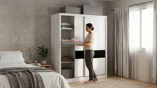 Woman organising folded clothes in a white metal wardrobe beside a bed