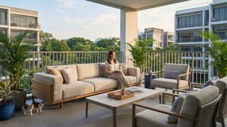 Outdoor balcony sofa setup in Singapore with tropical plants and comfortable seating