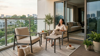 Outdoor balcony furniture setup on a Singapore condo balcony with lounge chairs and side tables