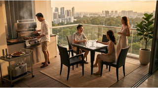 Black rattan outdoor dining table on a Singapore balcony with guests and barbecue setup