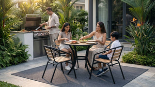 Outdoor garden chairs with round table in a tropical Singapore patio with family dining and barbecue area outdoor-garden-chairs-singapore-