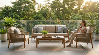 Outdoor lounge set with beige cushions, wooden frames and potted plants on a spacious Singapore balcony.