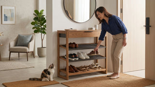 Woman arranging shoes on a wooden outdoor shoe rack beside the entrance of a Singapore home