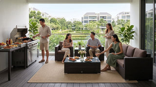 Guests enjoying a wicker-style outdoor sofa set with barbecue setup on a spacious Singapore condo balcony