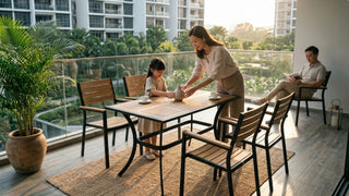 Family styling an outdoor wood dining table and chairs on a warm Singapore condo balcony with greenery