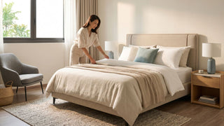 Woman arranging bedding in a calm bedroom with upholstered bed frame, bedside table, lamps, and neutral furniture for parents moving in.