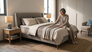 Older woman sitting on a comfortable upholstered bed in a calm Singapore bedroom with bedside lighting and accessible furniture.