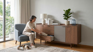 Older woman organising linens in a wooden living room storage cabinet beside an armchair in a calm Singapore home.
