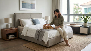 Woman sitting on a pet-friendly upholstered bed frame with an orange cat in a calm Singapore bedroom.
