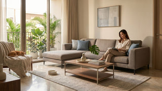 Woman reading on a fabric sofa in a pet-friendly Singapore living room with a cat resting on an armchair.