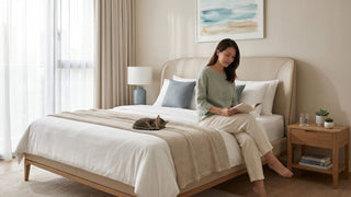 Woman reading on a cream upholstered bed frame with a cat resting on the bed in a warm Singapore bedroom