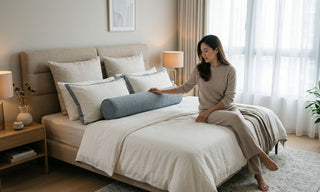 Woman arranging a blue bolster pillow on a neatly styled bed in a bright Singapore bedroom
