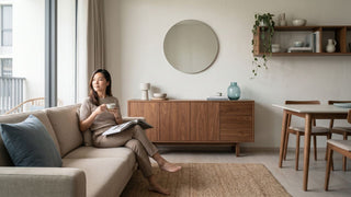 Plywood-style living room cabinet with sofa, dining area and wall shelving in a humid Singapore apartment interior.