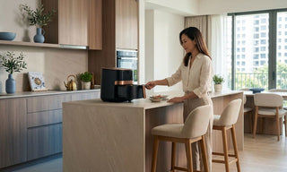 Woman using a portable air fryer on a kitchen counter in a modern Singapore apartment.
