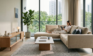 Woman relaxing on a beige sectional sofa in a bright Singapore condo living room with large windows and greenery outside.