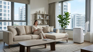 Portable aircon installed beside a window in a modern Singapore condominium living room with a sofa and city skyline view.