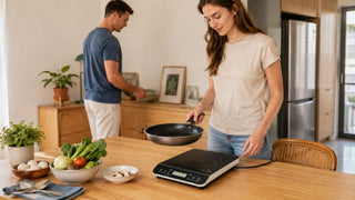 Portable induction cooktop on a wooden dining table in a bright Singapore home kitchen setup