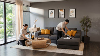 Cleaning team tidying a modern Singapore living room with grey sofa, rattan coffee table, rug, and soft natural light