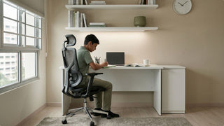 Practical HDB study setup with white desk, wall shelves, storage cabinet, ergonomic mesh chair, and natural window light