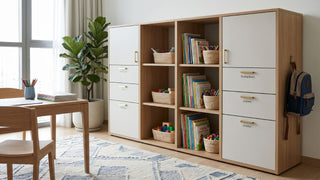 Organised child study room with wooden storage cabinet, labelled drawers, books, school supplies and backpack hook