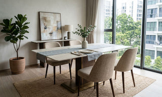 Quartz top dining table with upholstered chairs in a bright Singapore condo dining room.