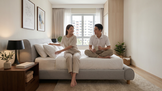 Queen bed frame in a 4-room HDB master bedroom with practical walkway clearance
