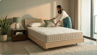 Woman arranging pillows on a queen mattress in a bright condo bedroom with warm modern styling