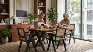 Couple enjoying breakfast on rattan dining chairs with wooden table in a warm modern Singapore dining room rattan-dining-chairs-wooden-table-