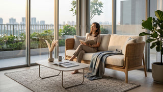 Woman reading on a rattan settee in a bright Singapore condo living room with balcony greenery.