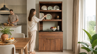Ready made kitchen cabinet with open shelves in a modern Singapore kitchen and dining area